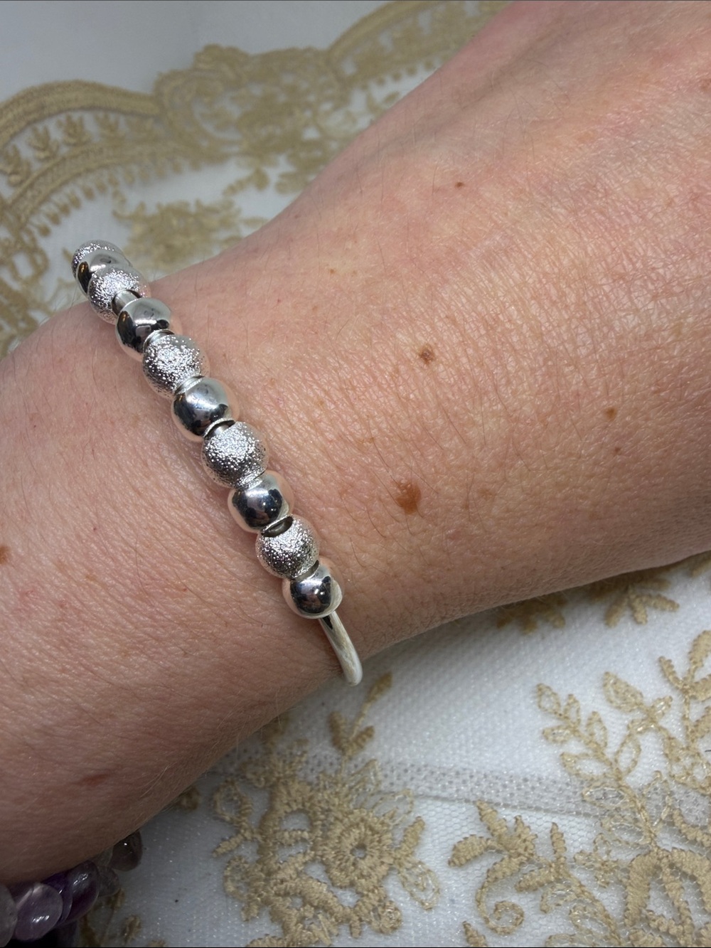 925 Sterling Silver Beaded Pass-Through Bangle Textured & Polished Beads